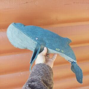 Vintage handmade denim whale plush room decor throw pillow